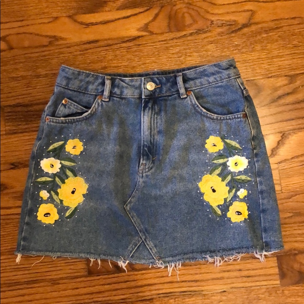 Topshop Denim Skirt with Yellow Flower Embroidery